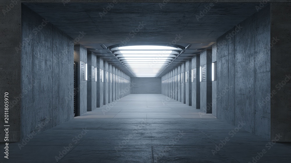 Fototapeta premium Abstract concrete tunnel interior with strong leading lines and bright light, creating a futuristic architecture, modern design, and minimalist perspective