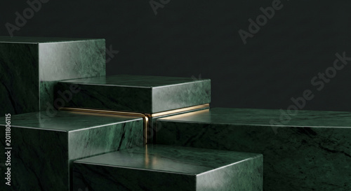 Abstract minimalist architectural composition, stacked polished emerald green stone blocks, refined 3D geometry with subtle polished gold accent and clean copy space.