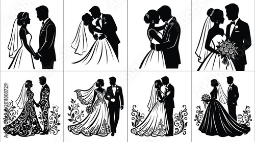 Elegant Wedding Couple Silhouettes Set Featuring Detailed Floral Gowns and Romantic Marriage Poses for Invitations and Graphic Design Projects