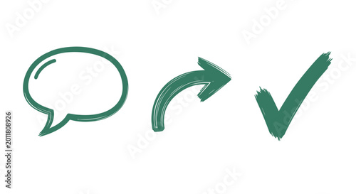 Green checkmark and speech symbols.