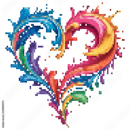 Colorful heart shape made of splashes and paint pixel art style