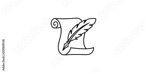 Fotografie A black line drawing of a feather quill pen on a scroll of parchment paper isola