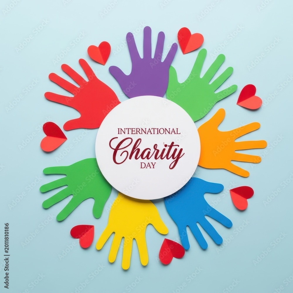 Fototapeta premium International charity day concept with colorful paper hands and hearts