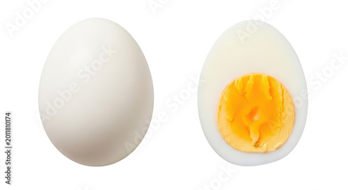 Whole and halved hardboiled egg isolated on transparent background