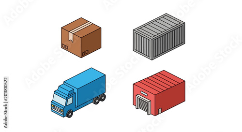 Photos Cargo shipping containers and truck.