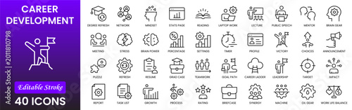 Career development Web Icon Set. Collection of Personal growth Linear Icons, Including upskilling, development, education, career, reskill, progress, strategy, skill goal and more. Editable Stroke