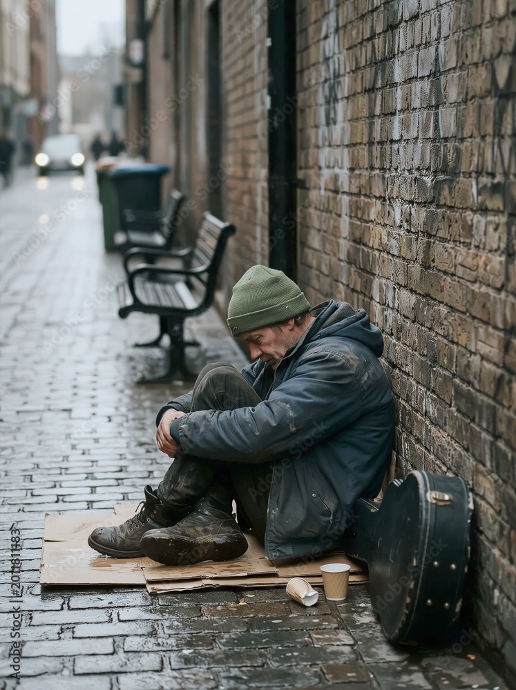 Fototapeta premium Homeless Man Sitting Against Brick Wall on Wet Cobblestone Street