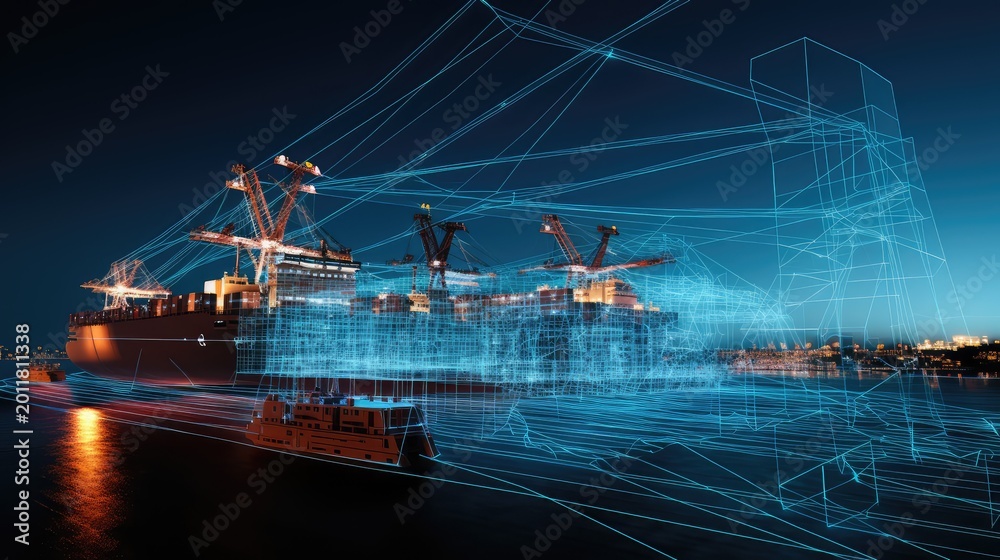 Fototapeta premium Container ship navigating through a network of digital data lines, visualizing smart logistics, cargo tracking, and global trade management with advanced technology