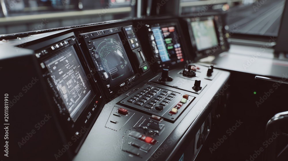 Naklejka premium Train driver's console showing advanced navigation screens, buttons, and joystick controls, essential for operating a high speed transit system with precision