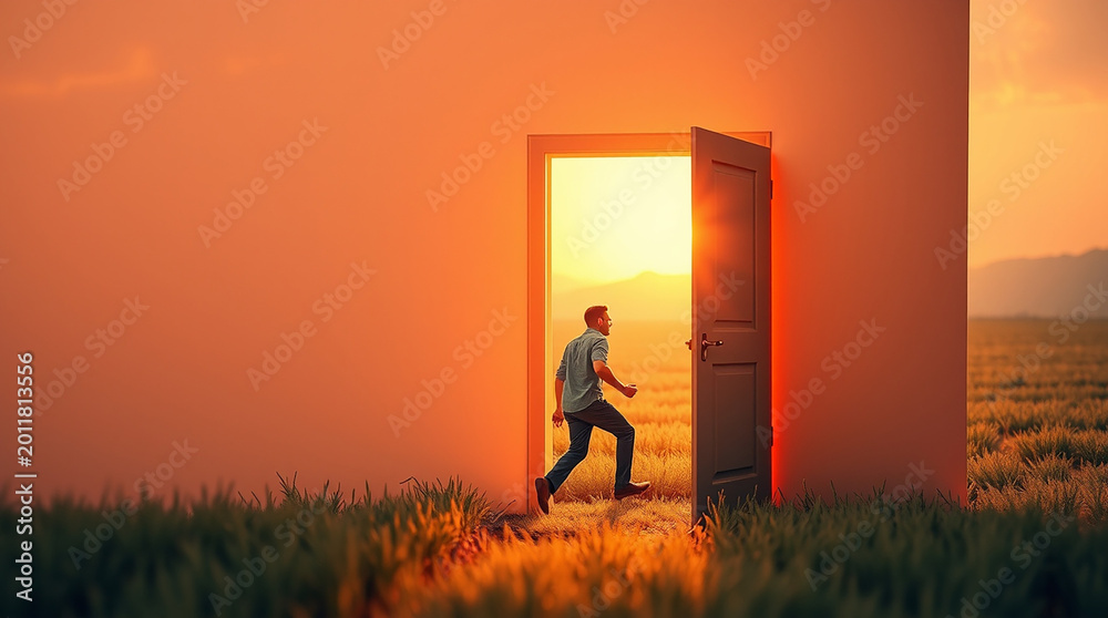 Fototapeta premium depicting a man stepping through an open door in a misty, atmospheric field, evoking a fantasy scene with complementary epic colors, rich textures, movement, and 