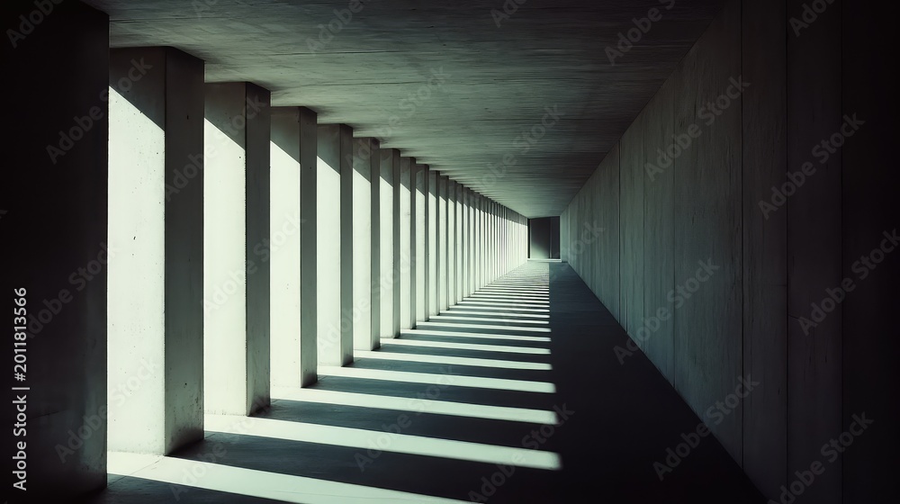 Fototapeta premium Long concrete corridor with a repetitive pattern of light and shadow creating depth and perspective, emphasizing architectural form and modern minimalism