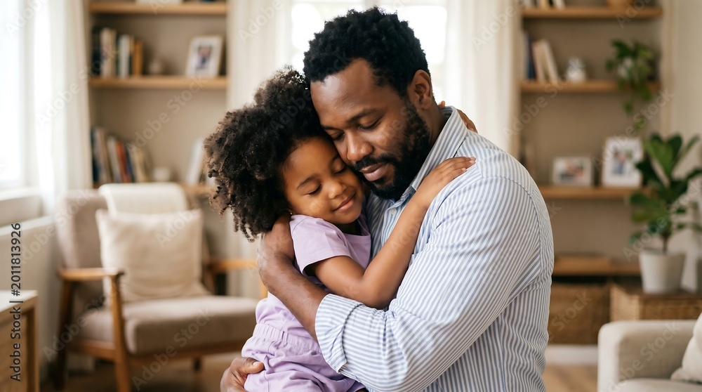 Obraz premium Tender moment of a black father hugging his little daughter in a cozy living room