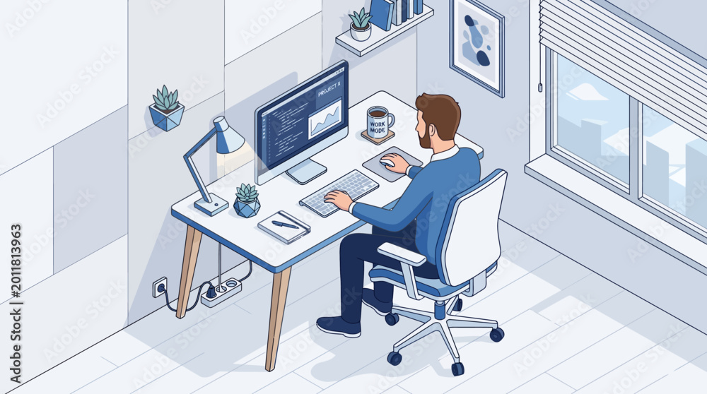Fototapeta premium An isometric vector illustration of a person working at a desk with a computer.