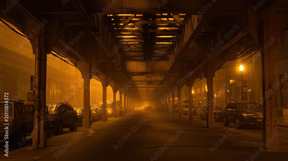 Fototapeta premium Urban street at night under an elevated train tunnel. Bathed in a warm orange glow from streetlights. With parked vehicles lining both sides of the road. Creating a mysterious and atmospheric ambiance