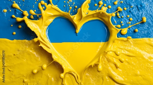 Heart shaped splash of yellow paint on a blue and yellow painted textured surface background