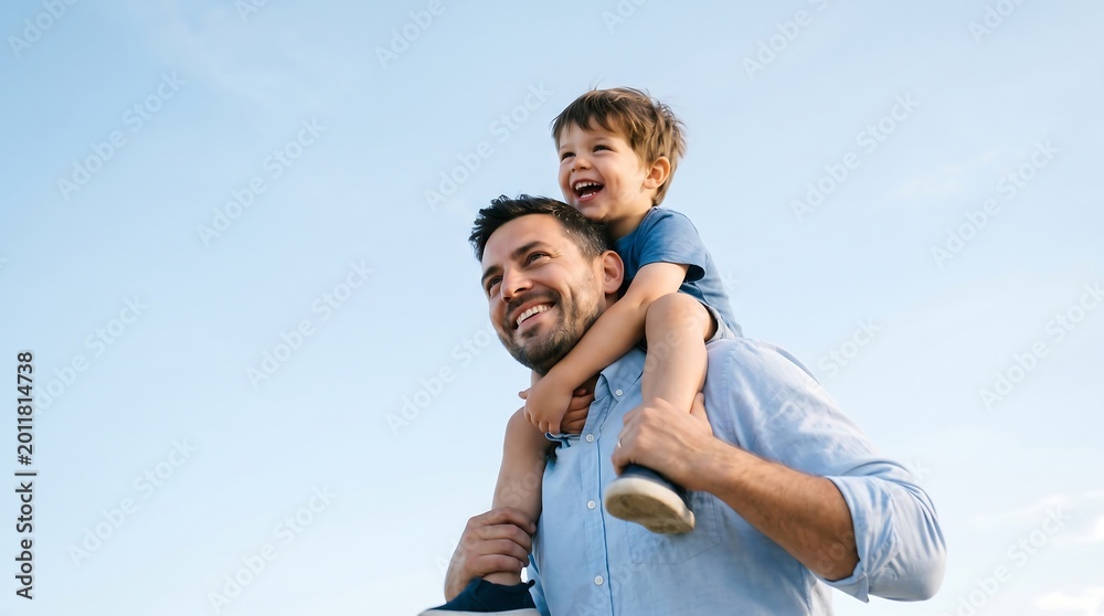Obraz premium A man carrying a happy child on his shoulders outdoors under a clear blue sky