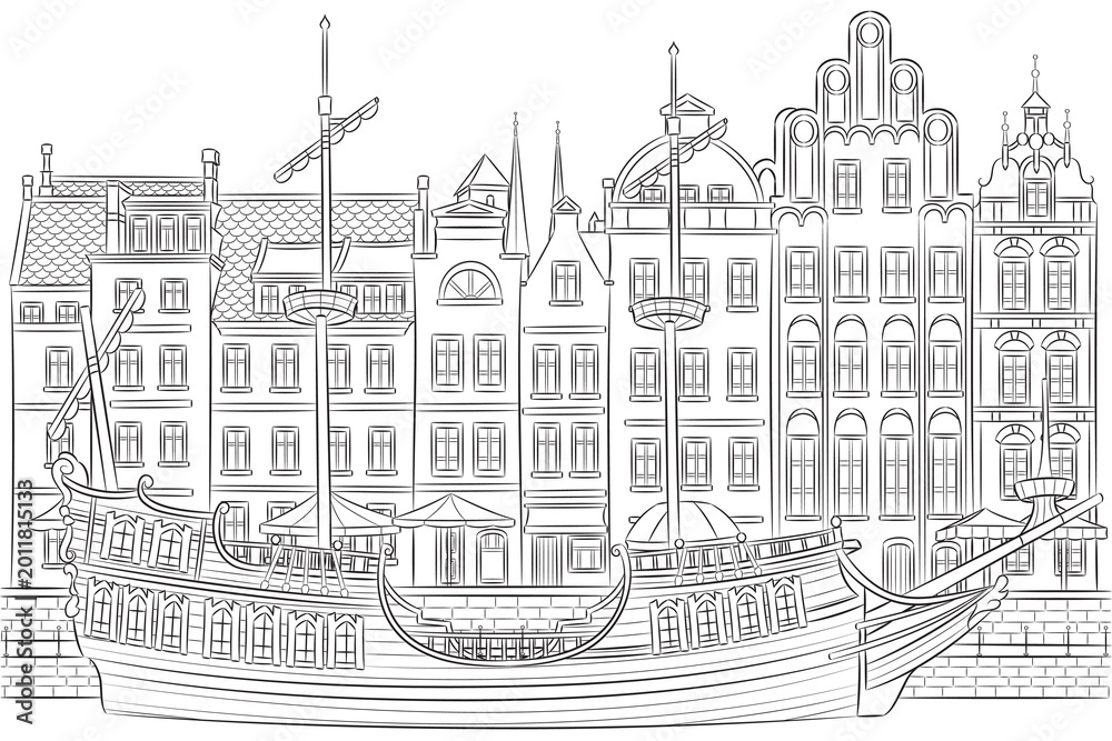 Obraz premium Black and white vector illustration of Gdansk waterfront with sailing ship