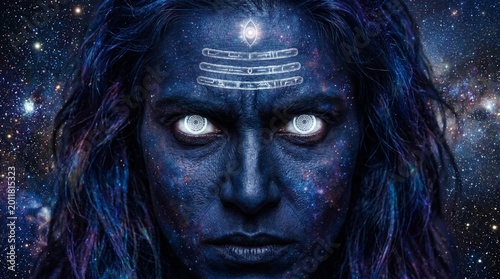 Cosmic Hindu Deity with Third Eye Amidst the Stars
