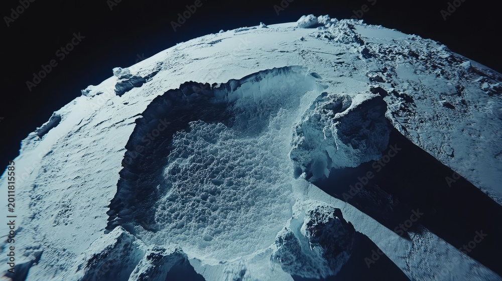 Fototapeta premium Rugged asteroid surface featuring a massive impact crater and countless smaller depressions, creating a deep, textured landscape under dramatic shadows against the dark expanse of space