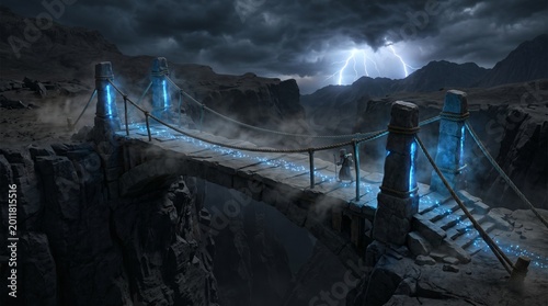 Ancient stone bridge illuminated by glowing blue lights under a stormy sky