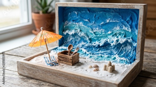 Miniature beach scene with umbrella and sandcastle
