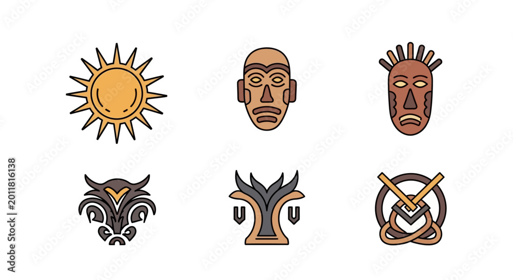 Obraz premium Tribal masks and symbolic icons.