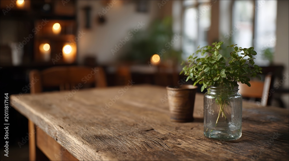 Fototapeta premium A still life featuring fresh green herbs in a jar on a rustic wooden table with a soft natural background
