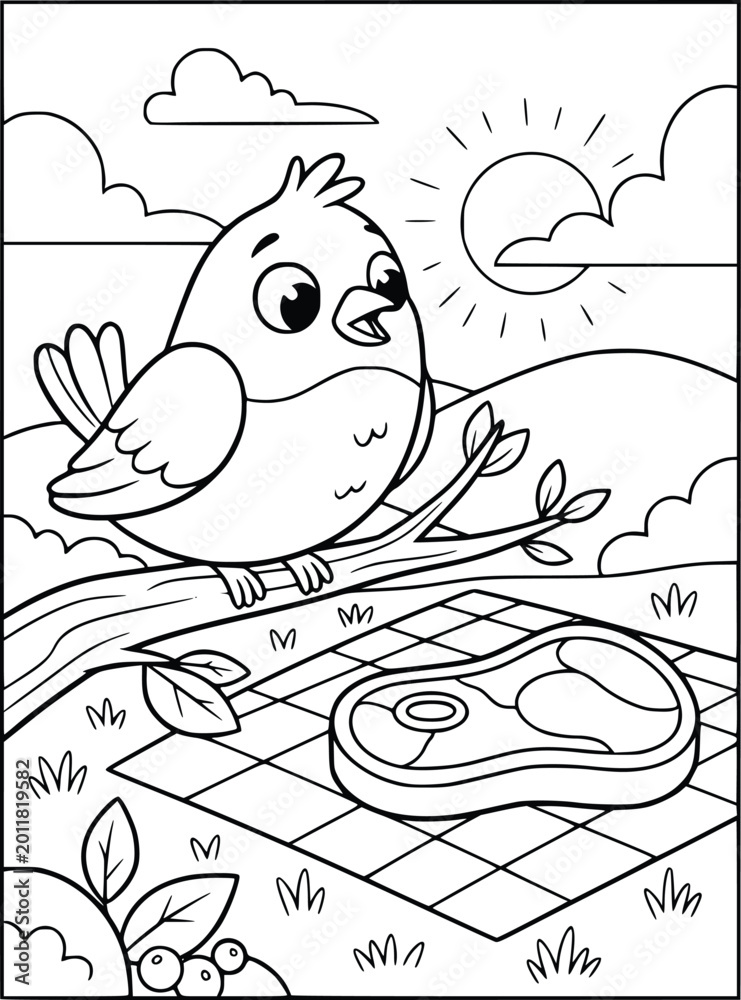 Fototapeta premium Bird coloring page shows a cute animal on a branch looking at a picnic steak