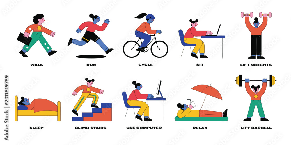Fototapeta premium Set of ten flat vector illustrations showing various human activities like walking running cycling and working