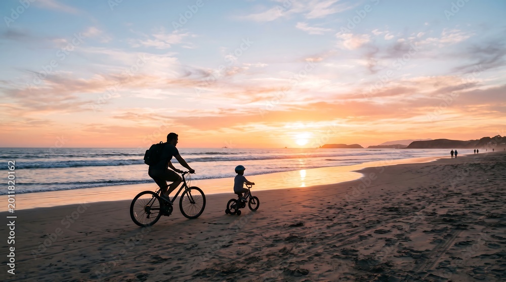 Fototapeta premium Father and child riding bicycles on a beach at sunset with a serene ocean view