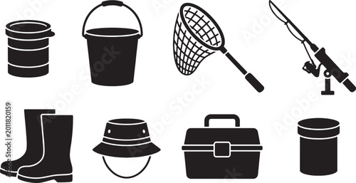 Foto Fishing gear silhouette icon set with bucket, landing net, rod holder, boots, ha