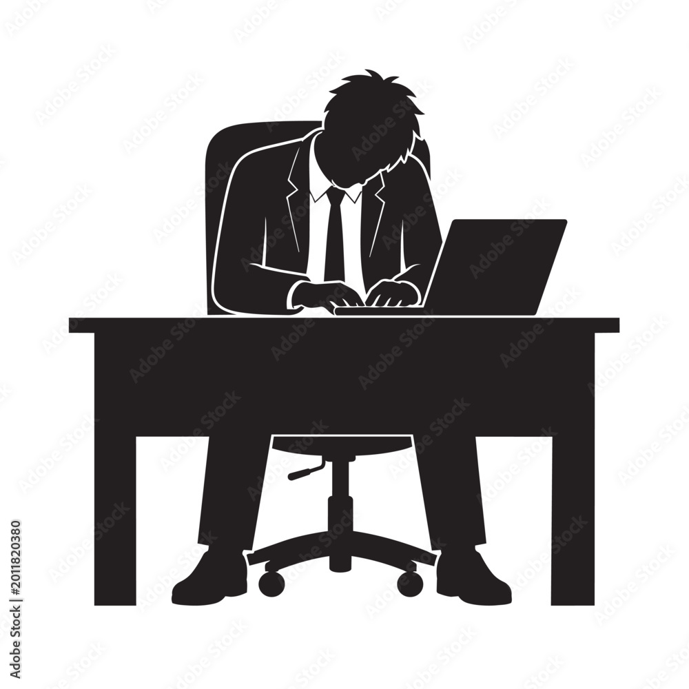 Fototapeta premium Silhouette of a tired businessman working on a laptop at his desk