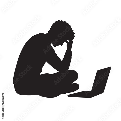 Silhouette of a stressed person sitting on the floor with a laptop isolated on white background