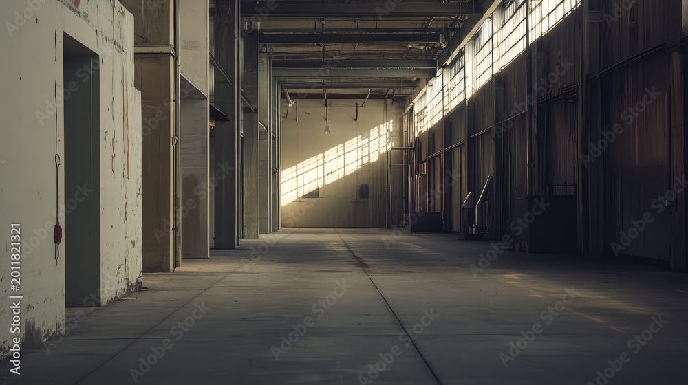 Fototapeta premium Industrial building interior featuring a long, empty hall with concrete walls and light streaming through high windows, creating strong patterns of sunlight and shadow on the floor
