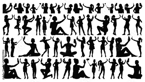 Women Taking Selfie Silhouette Collection with Smartphone and Selfie Stick, Vector Illustration Isolated on Transparent Background