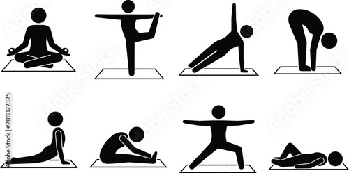 Cuadro en lienzo Yoga pose silhouette set featuring meditation, balance, stretching, and relaxati