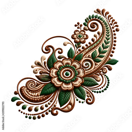 Intricate Paisley Floral Motif in Earthy Tones with Green Leaves and Brown Swirls on Transparent Background