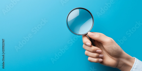 Close up of woman hand holding magnifying glass lens isolated on blue background