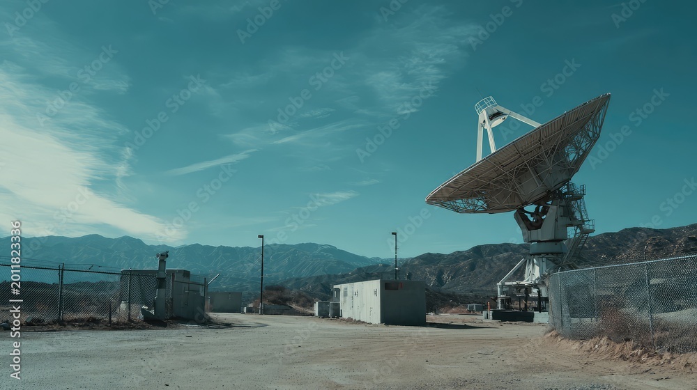 Fototapeta premium Large satellite dish in a remote mountain desert environment, actively receiving and sending signals for scientific discovery and advanced communication technology
