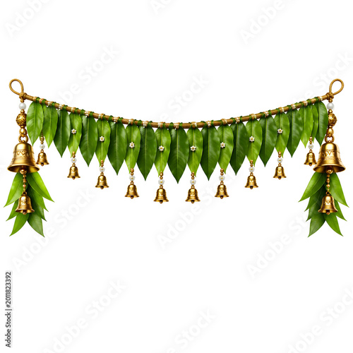 Traditional Indian Festive Toran Decoration With Green Mango Leaves Golden Bells And Pearls Isolated On White Background