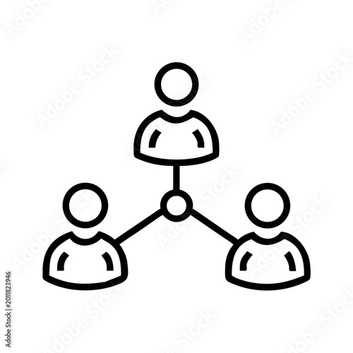 Social network diagram icon showing three people connected to central hub node in triangle layout.