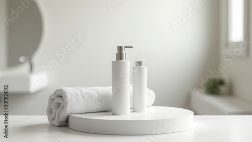 podium for product display with towel on blurred bathroom background minimal mockup