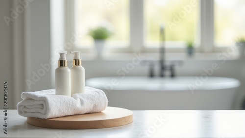 podium for product display with towel on blurred bathroom background minimal mockup