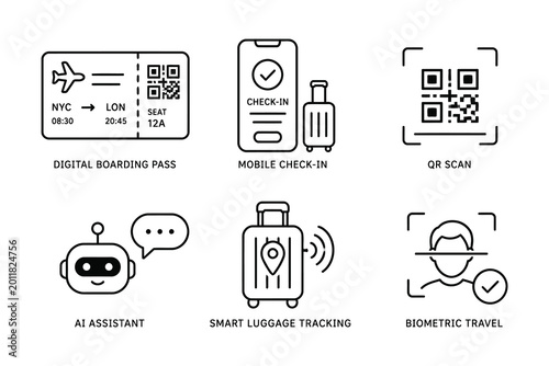 Bild auf Leinwand Modern travel technology icons set for digital airport services