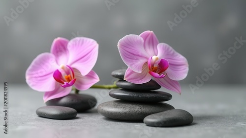 zen stones with pink orchid on gray background spa wellness harmony concept