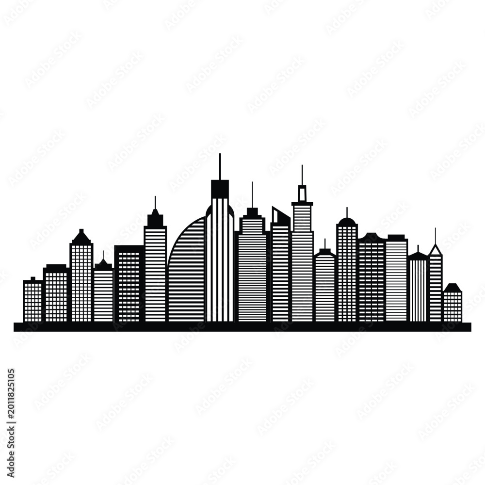 Fototapeta premium Detailed City Skyline Silhouette Vector – Modern Urban Skyscrapers Panorama Architecture Illustration on White Background