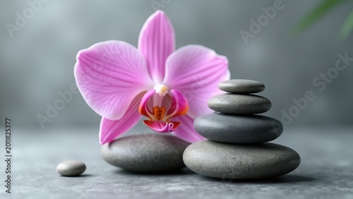 zen stones with pink orchid on gray background spa wellness harmony concept