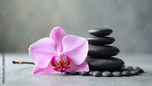 zen stones with pink orchid on gray background spa wellness harmony concept
