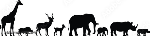 Fotografía african wildlife silhouettes on a white background