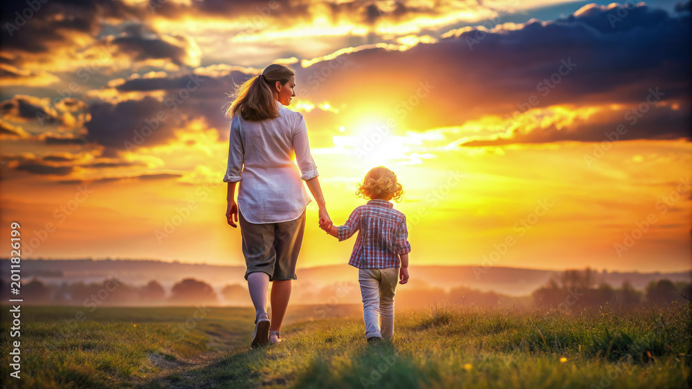 Fototapeta premium Mother and Child Walking in Field